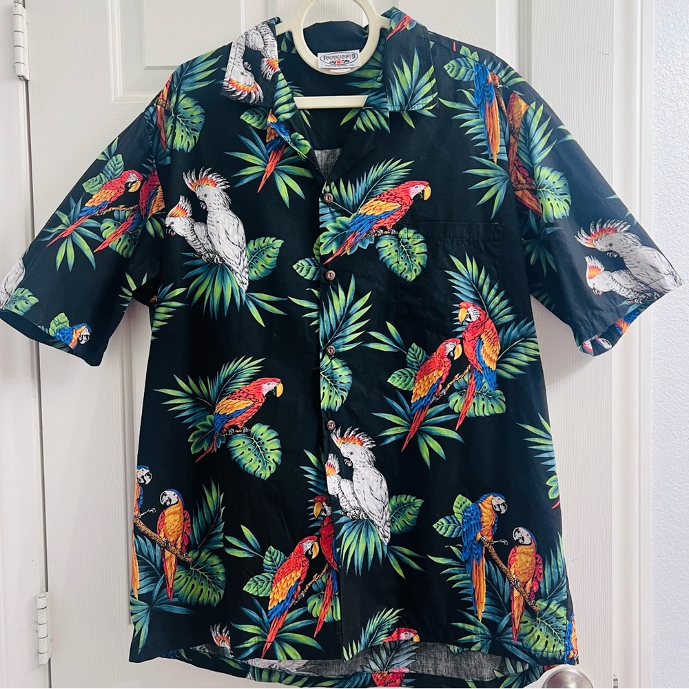 Pacific Legend Tropical Parrot Print Black Shirt